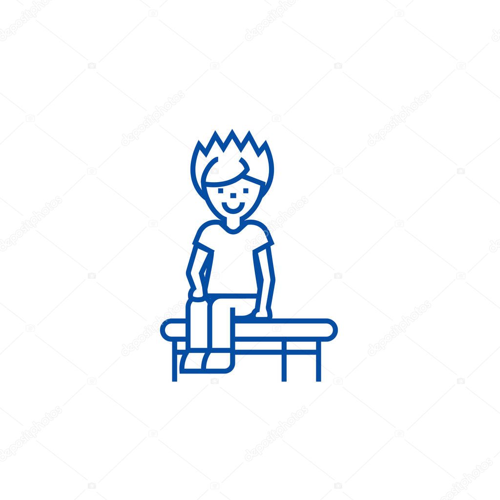 Boy sitting on the bench line icon concept. Boy sitting on the bench flat  vector symbol, sign, outline illustration.