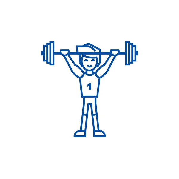 Starker Athlet mit Gewichtslinien-Icon-Konzept. starker Athlet mit Gewichten flaches Vektorsymbol, Zeichen, Umrissdarstellung. — Stockvektor