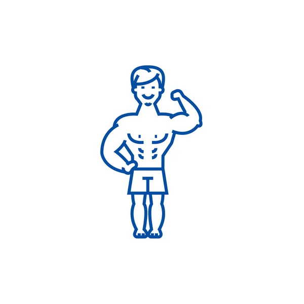 Stark man, bodybuilder muskler linje ikon konceptet. Stark man, bodybuilder muskler platt vektor symbol, underteckna, disposition illustration. — Stock vektor