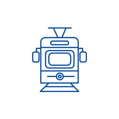 Tren, tramvay önden görünüm satır simgesi kavramı. Tren, tramvay Önden Görünüm düz vektör simgesi, işaret, anahat illüstrasyon.