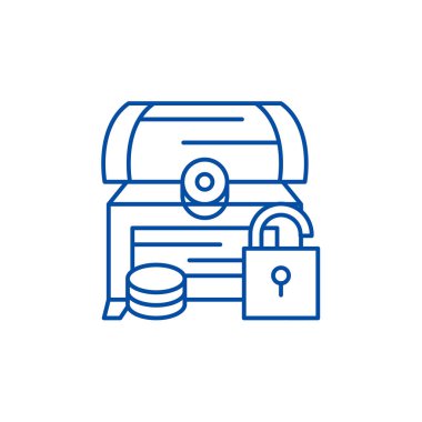 Hazine sandığı satırı simgesi kavramı. Hazine sandığı düz vektör simgesi, işaret, anahat illüstrasyon.