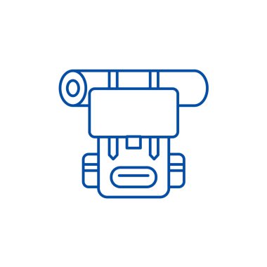 Turist sırt çantası satırı simgesi kavramı. Turist sırt çantası düz vektör simgesi, işaret, anahat illüstrasyon.