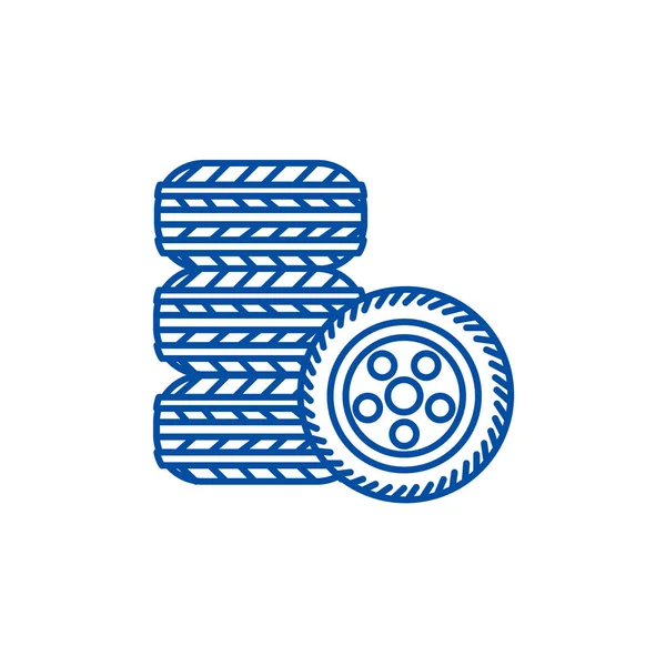 Pneus, conceito de ícone de linha de serviço de pneus. Pneus, serviço de pneu símbolo vetorial plana, sinal, ilustração esboço . —  Vetores de Stock