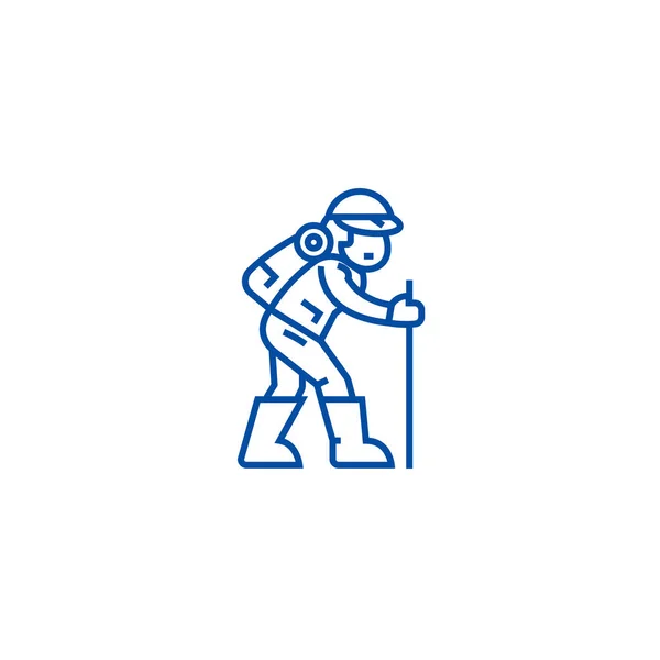 Traveler, hiking man line icon concept. Путешественник, турист плоский векторный символ, знак, набросок иллюстрации . — стоковый вектор