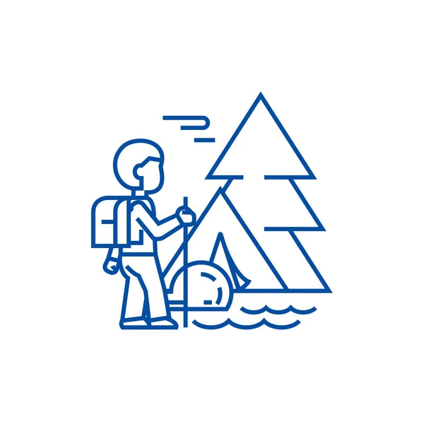 Traveller in forest, tourist hiking, tent line icon concept. Путешественник в лесу, туризм, палатка плоский вектор символ, знак, набросок иллюстрации . — стоковый вектор
