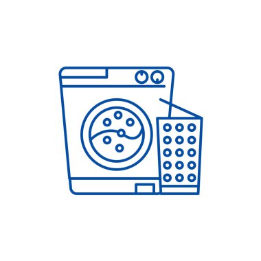Çamaşır makinesi satırı simgesi kavramı. Çamaşır makinesi düz vektör simgesi, işaret, anahat illüstrasyon.