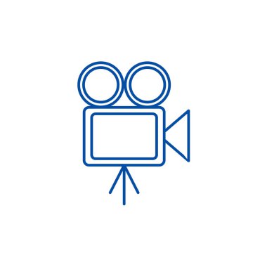 Video sinema, retro kamera illüstrasyon satırı simgesi kavramı. Video sinema, retro kamera illüstrasyon düz vektör simgesi, işaret, anahat illüstrasyon.