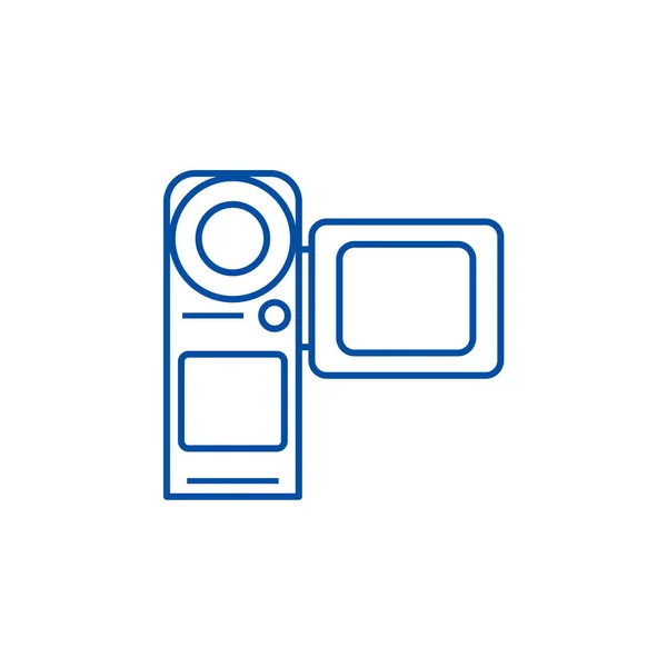 Видеокамера, концепция создания иконки фильма. Видеокамера, изображение с плоским векторным символом, знак, иллюстрация контура . — стоковый вектор