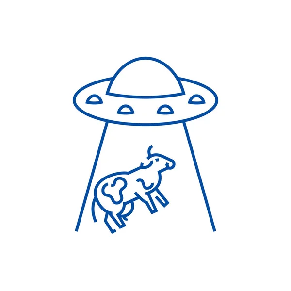 Ufo tomando concepto de icono de línea de vaca. Ufo tomar vaca símbolo de vector plano, signo, esbozo ilustración . — Archivo Imágenes Vectoriales