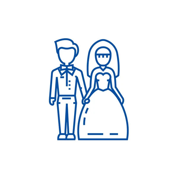 Casamento casal, noiva e noivo linha ícone conceito. Casamento casal, noiva e noivo símbolo vetorial plana, sinal, ilustração esboço . —  Vetores de Stock