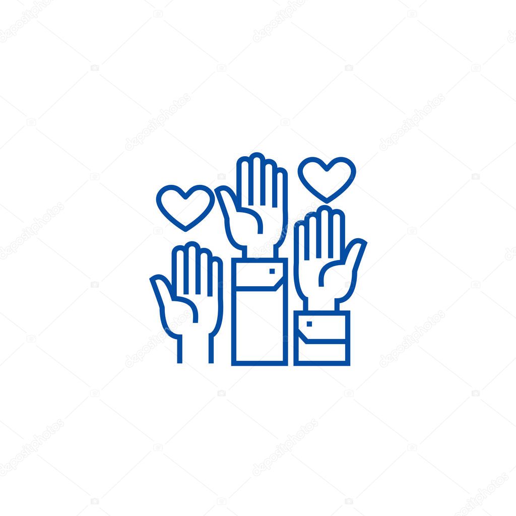 Volunteer hands line icon concept. Volunteer hands flat  vector symbol, sign, outline illustration.