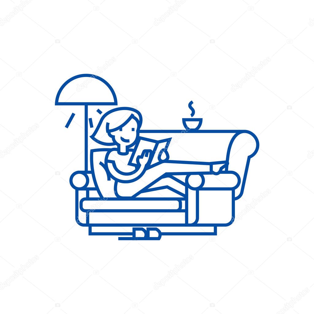 Woman at home at sofa reading book  line icon concept. Woman at home at sofa reading book  flat  vector symbol, sign, outline illustration.