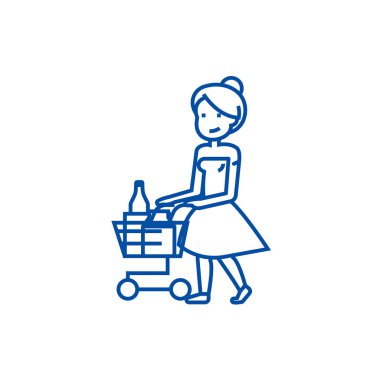 Sepeti satırı simgesi konsepti ile süpermarkette alışveriş kadın. Sepeti düz vektör simgesi, işaret, anahat illüstrasyon süpermarkette alışveriş kadın.