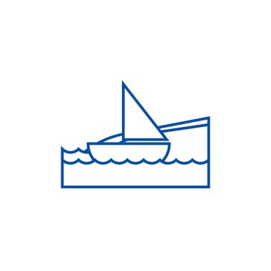 Denizde yat, plaj tatil satırı simgesi kavramı. Yat deniz, plaj tatil düz vektör simgesi, işaret, anahat illüstrasyon.