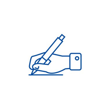 Kalem satır simgesi kavramı ile el işareti yazısı. Kalem düz vektör simgesi, işaret, anahat illüstrasyon ile el işareti yazısı,.