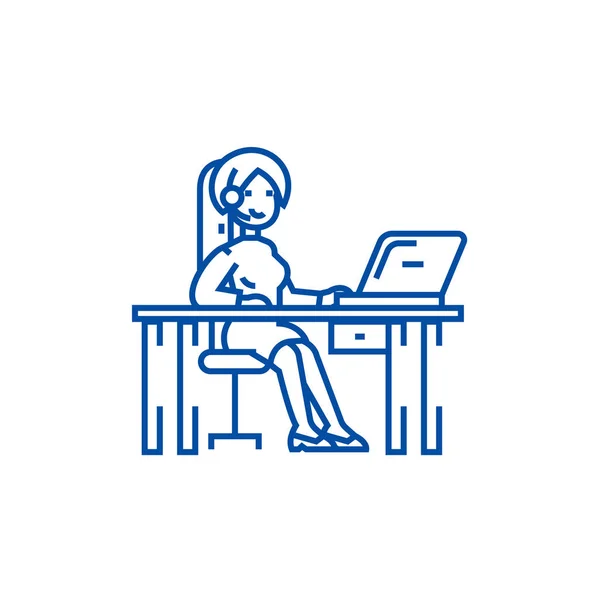 Vrouw die op de tabel met laptop lijn pictogram concept werkt. Vrouw die werkt op tafel met laptop platte vector symbool, teken, overzicht illustratie. — Stockvector