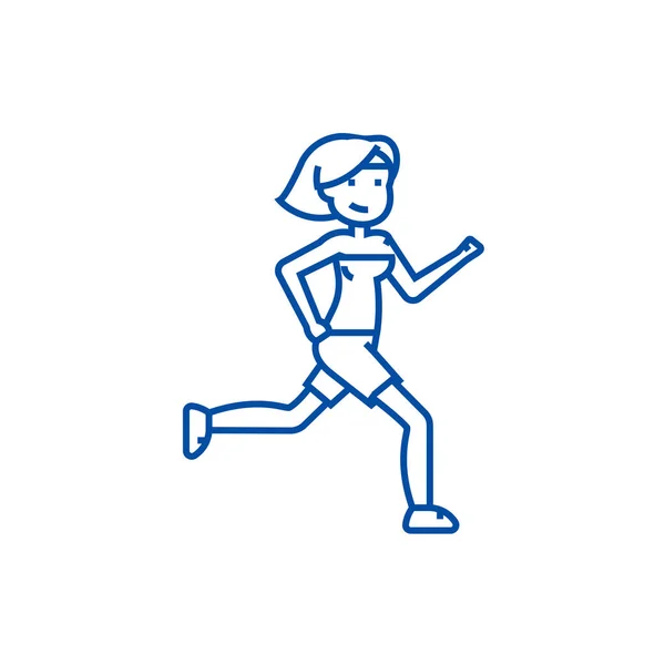 Mulher correndo, conceito de ícone de linha de fitness. Mulher correndo, fitness símbolo vetorial plana, sinal, ilustração esboço . —  Vetores de Stock