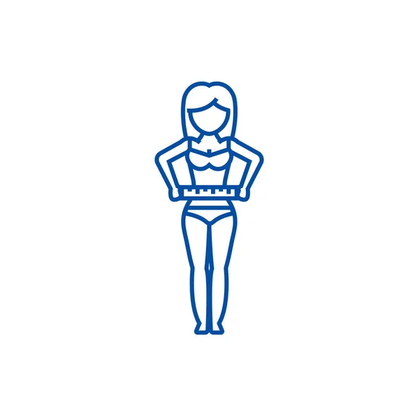 Woman measuring her waist,diet fitness line icon concept. Woman measuring her waist,diet fitness flat  vector symbol, sign, outline illustration. — Stock Vector