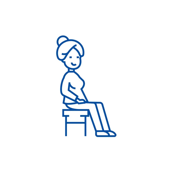 Frau auf der Stuhlreihen-Ikone. Frau, die auf dem Stuhl sitzt, flaches Vektorsymbol, Zeichen, Umrissillustration. — Stockvektor