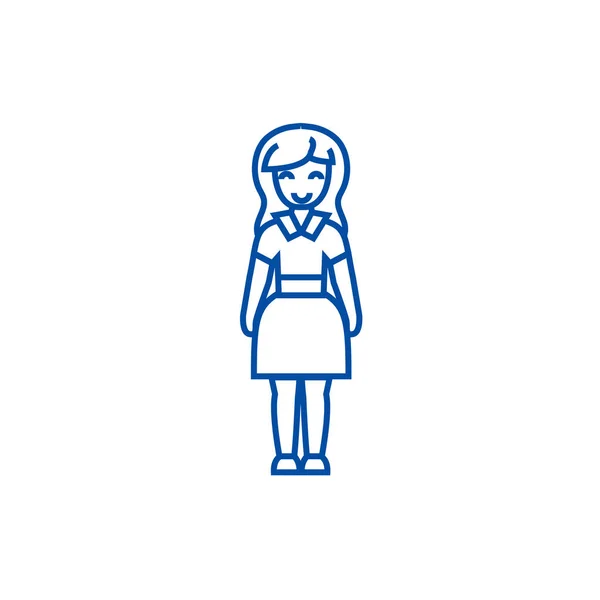Mujer joven en concepto de icono de línea de vestido. Mujer joven en vestido símbolo de vector plano, signo, esbozo ilustración . — Vector de stock