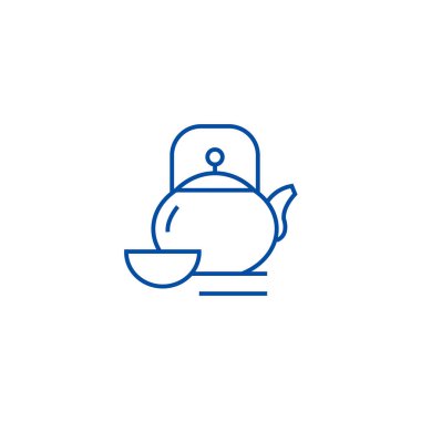 Çaydanlık ve bardak, çay töreni satırı simgesi kavramı. Çaydanlık ve bardak, çay töreni düz vektör simgesi, işareti, anahat illüstrasyon.