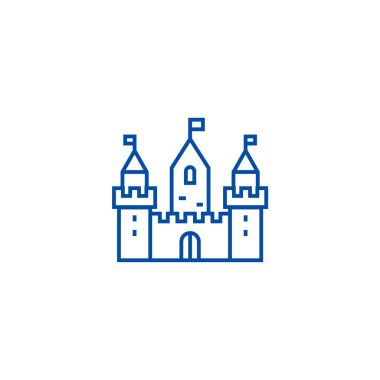 Krallık kale üç Kuleli satır simgesi kavramı. Krallık kale üç kule düz vektör simgesi, işaret, anahat illüstrasyon.