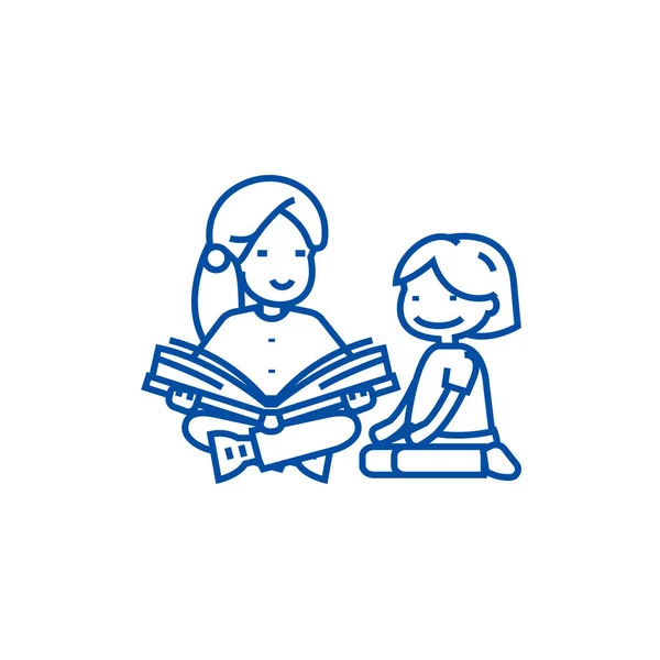 Kleuterjuf, vrouw lezen lijn pictogram concept. Kleuterjuf, vrouw leest platte vector symbool, teken, overzicht illustratie. — Stockvector