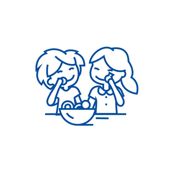 Enfants mangeant des bonbons icône de ligne concept. Enfants mangeant des bonbons symbole vectoriel plat, signe, illustration de contour . — Image vectorielle