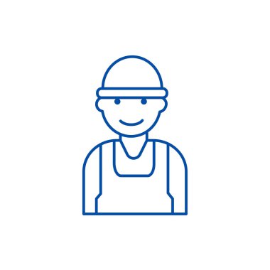 İşçi, işçi, Oluşturucusu satır simgesi kavramı. İşçi, işçi, Oluşturucu düz vektör simgesi, anahat illüstrasyon işareti.