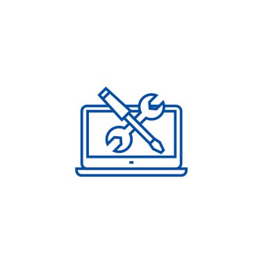 Dizüstü bilgisayar servis satırı simgesi kavramı. Dizüstü bilgisayar hizmet düz vektör simgesi, işaret, anahat illüstrasyon.