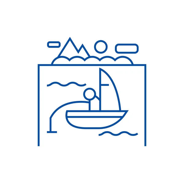 Lake, fishing on boat line icon concept. Lake, fishing on boat flat  vector symbol, sign, outline illustration.