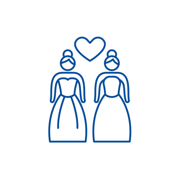 Lesbisch huwelijk lijn pictogram concept. Lesbisch huwelijk platte vector symbool, teken, overzicht illustratie. — Stockvector
