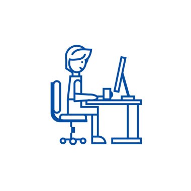 Freelancer satırı simgesi kavramı evde, tablo üzerinde çalışan adam. Adam evde, masada çalışma serbest meslek düz vektör simgesi, işaret, anahat illüstrasyon.