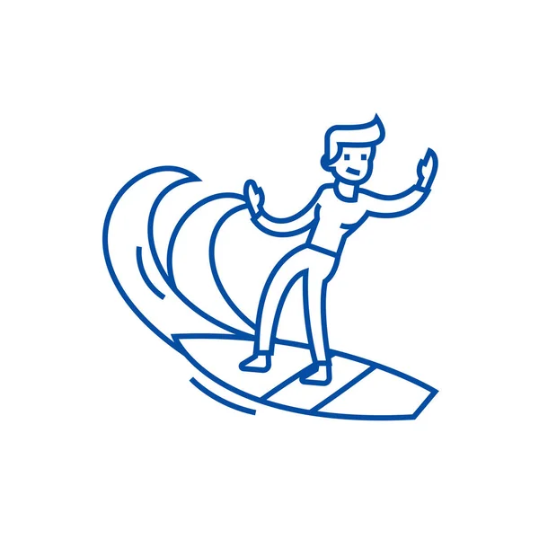 Muž surfování vyvázání ikony. Muž surfování plochý vektor symbol, znamení, obrys obrázku. — Stockový vektor