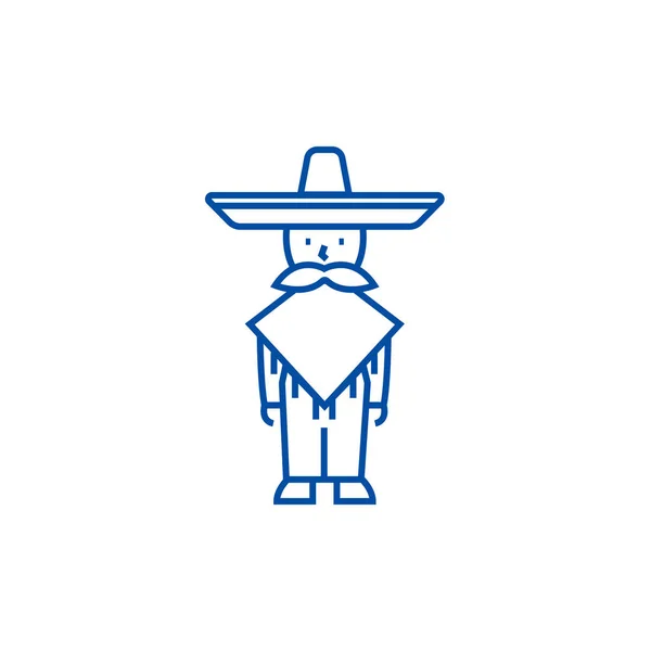 Homem mexicano, conceito de ícone de linha mariachi. Homem mexicano, símbolo de vetor plano mariachi, sinal, ilustração esboço . —  Vetores de Stock