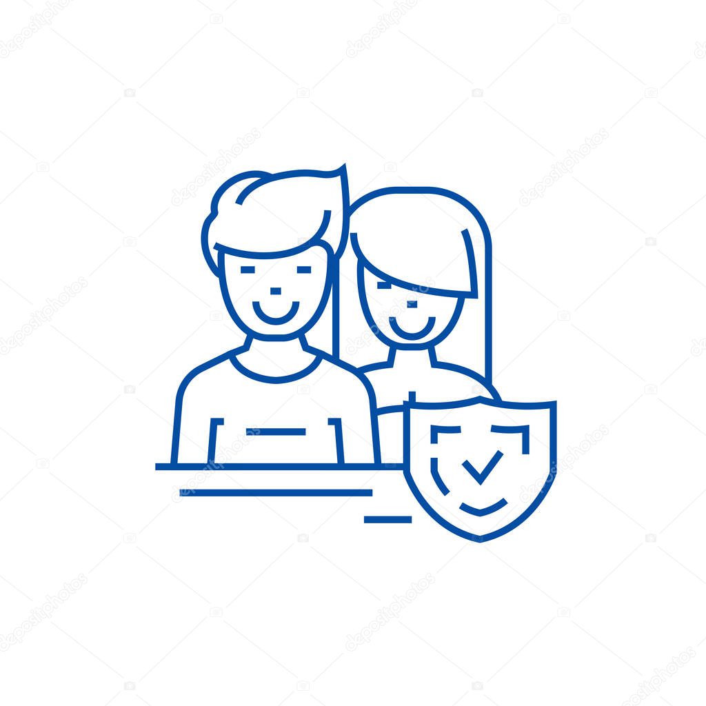 Man and woman,front,shield line icon concept. Man and woman,front,shield flat  vector symbol, sign, outline illustration.