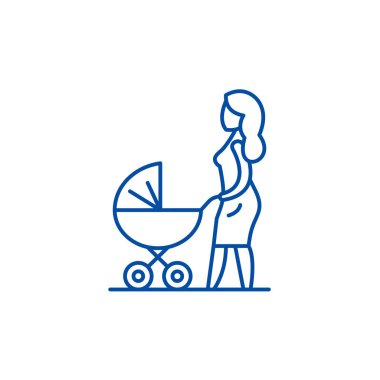Anne bebek arabası satırı simgesi konsepti ile. Anne ile bebek arabası düz vektör simgesi, işaret, anahat illüstrasyon.