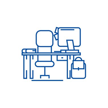 Ofis Masası bilgisayar ve sandalye satırı simgesi konsepti ile. Ofis Masası bilgisayar ve sandalye düz vektör simgesi, işaret, anahat illüstrasyon.