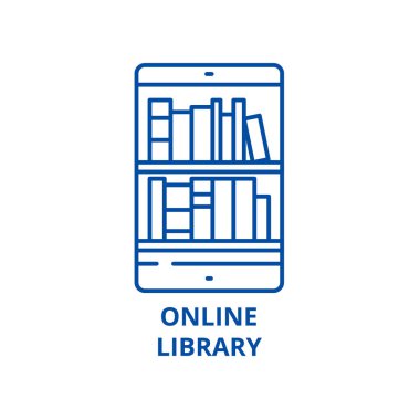 Online Kütüphane çizgi simgesini kavramı. Online Kütüphane düz vektör simgesi, işaret, anahat illüstrasyon.