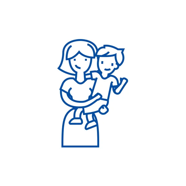 母と息子、子供ライン アイコン概念の母。母と息子、子供フラット ベクトル記号, サイン, 概要図と菊. — ストックベクタ