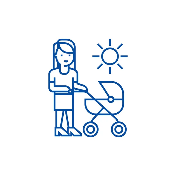 Mãe com conceito de ícone de linha de carrinho de bebê. Mãe com carrinho de bebê símbolo vetorial plana, sinal, ilustração esboço . — Vetor de Stock