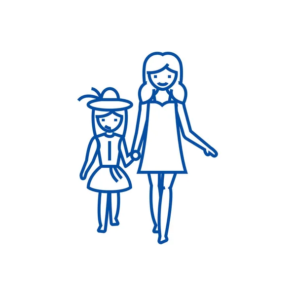 Mãe com filha no conceito de ícone de linha de férias. Mãe com filha em férias símbolo vetorial plana, sinal, ilustração esboço . —  Vetores de Stock