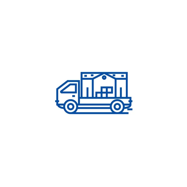 Bewegende huis vrachtwagen lijn pictogram concept. Bewegende huis vrachtwagen platte vector symbool, teken, overzicht illustratie. — Stockvector
