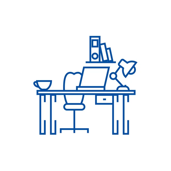 Office desk, home desk line icon concept. Schreibtisch im Büro, Schreibtisch zu Hause, flaches Vektorsymbol, Zeichen, Umrissillustration. — Stockvektor
