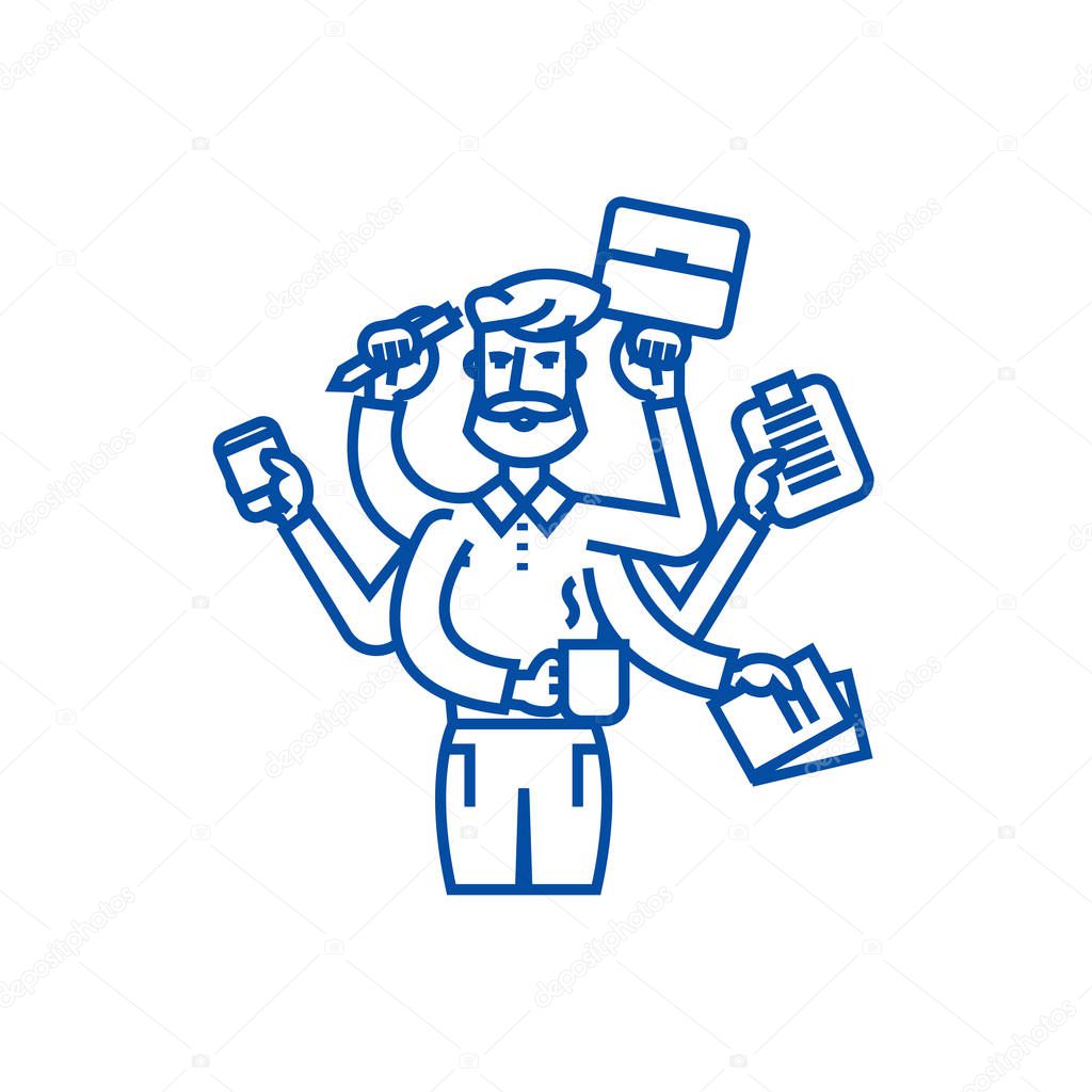 Multitasking businessman with case,  line icon concept. Multitasking businessman with case,  flat  vector symbol, sign, outline illustration.