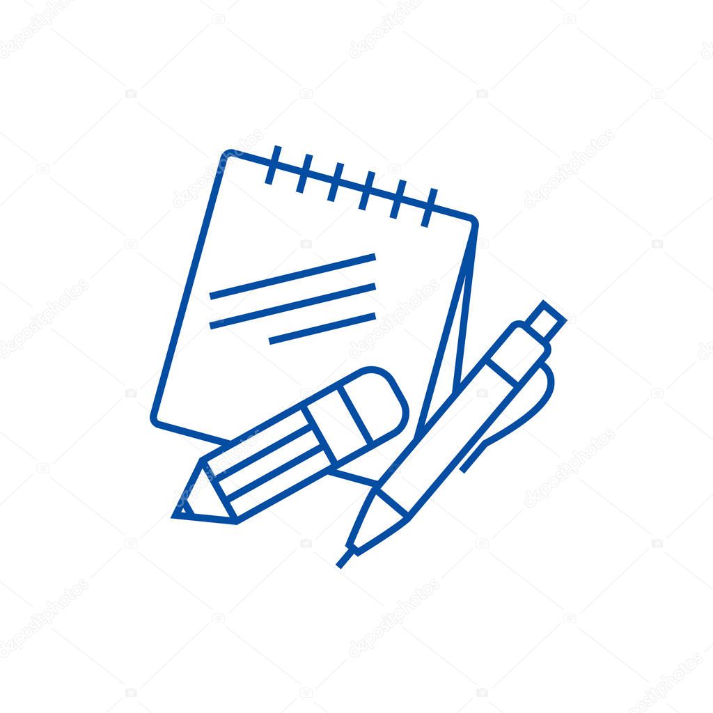Notes with pen and pencil line icon concept. Notes with pen and pencil flat  vector symbol, sign, outline illustration.