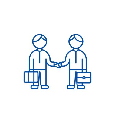 Ortaklık el sıkışma, birlikte çalışan satırı simgesi kavramı. Ortaklık anlaşması, birlikte çalışma düz vektör simgesi, işaret, anahat illüstrasyon.