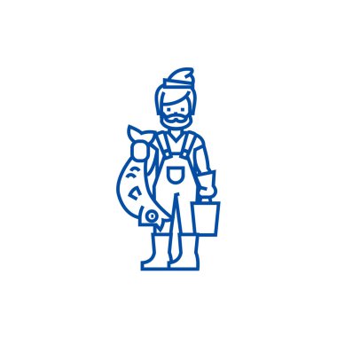 Balıkçı balık satırı simgesi konsepti ile. Balıkçı balık düz vektör simgesi, işaret, anahat illüstrasyon.