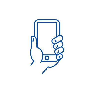 Telefon hattı simgesi genel kavram tutan el. El tutarak telefon düz vektör simgesi, işaret, anahat illüstrasyon.