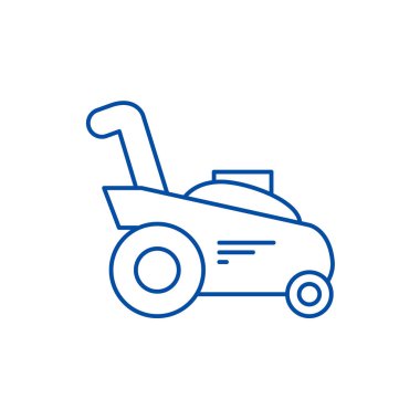 Makine satırı simgesi kavramı Bahçe çim kesici. Çim kesici, Bahçe makine düz vektör simgesi, işaret, anahat illüstrasyon.